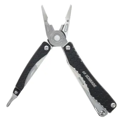 Schrade Clench Multitool The Schrade stainless steel multi-tool offers a basic tool with 10 useful functions that are always handy to have with you. Includes belt sheath with pocket clip.